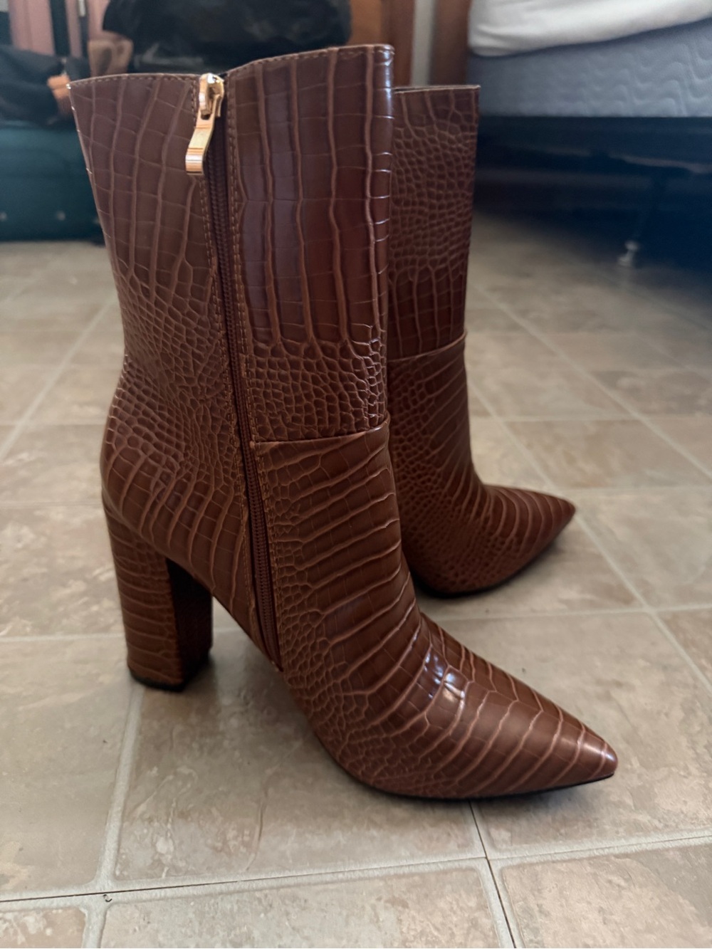 Brown Croc-Embossed Pointed Toe Mid-Calf Boots